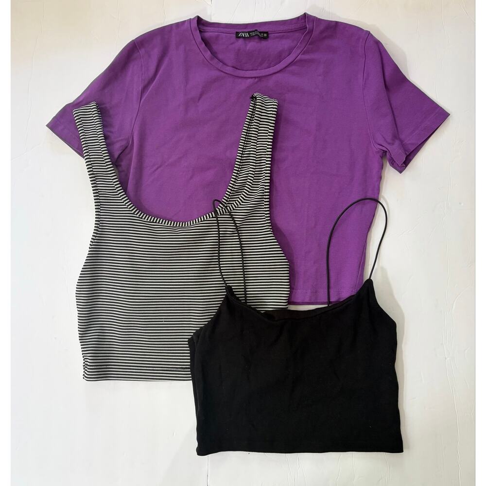 Zara Women’s Medium Top Bundle Purple Tee Stripe Tank Black Cami Crop